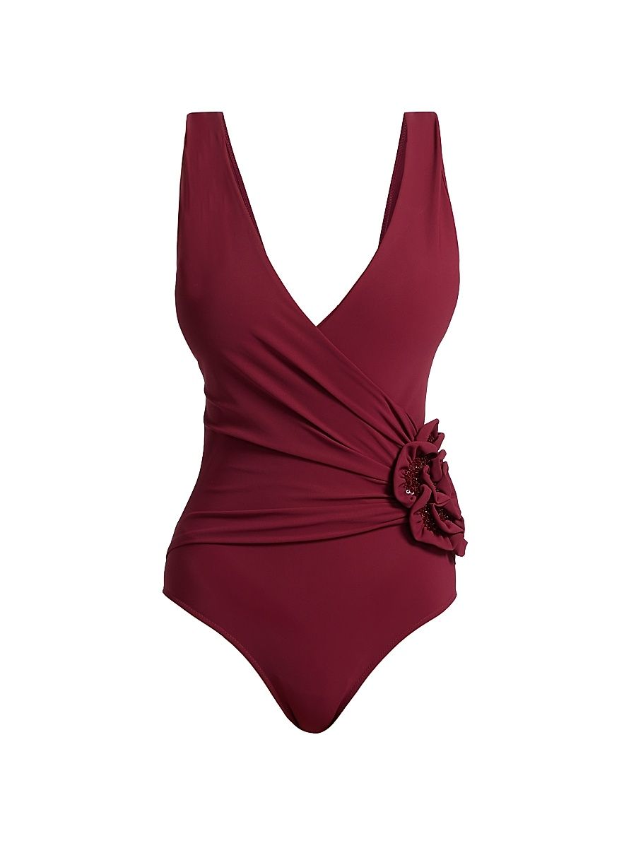 Women's Basia Sequin-Embellished Rosette One-Piece Swimsuit - Mahogany - Size 8