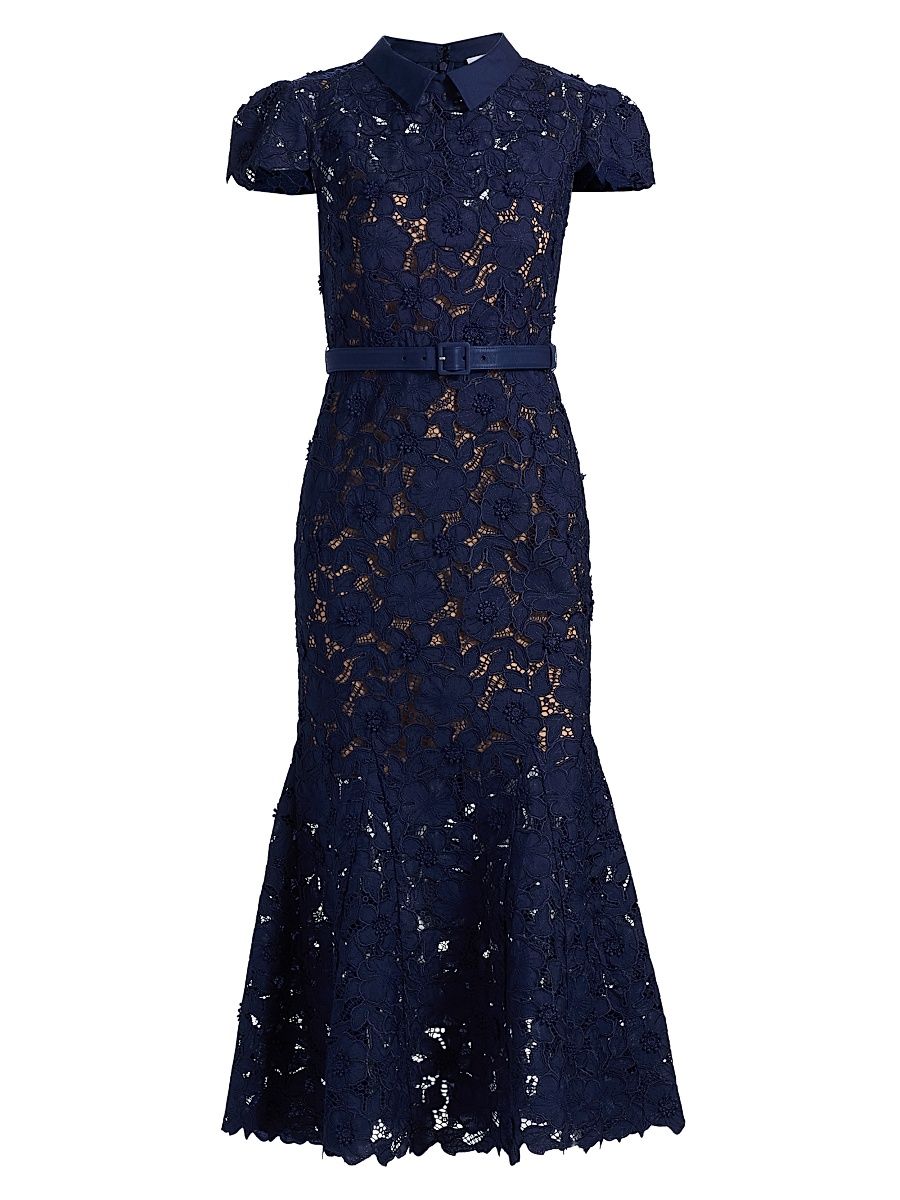 Women's Guipure Lace Belted Midi-Dress - Navy - Size 12
