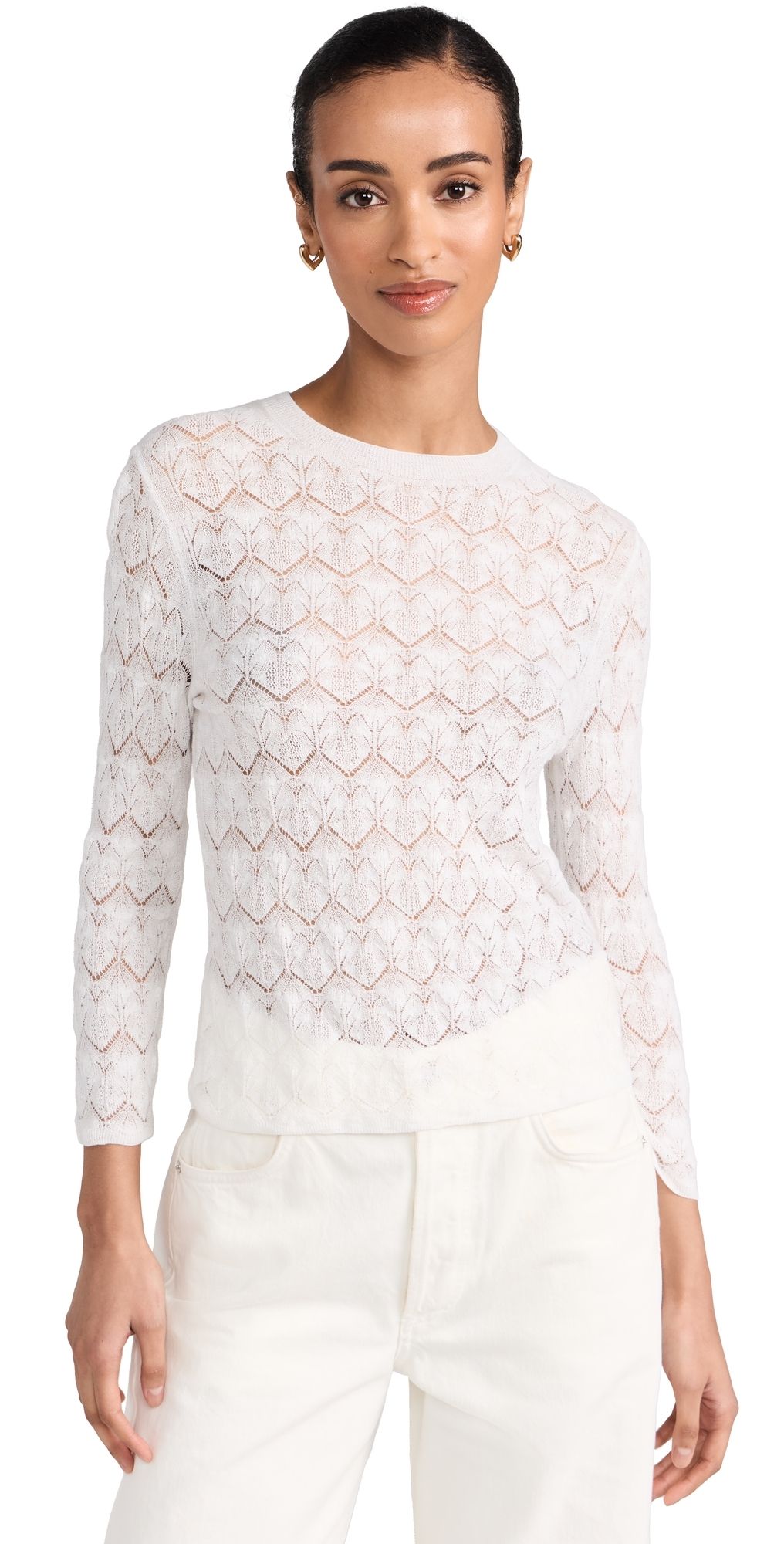Vince Fine Lace 3/4 Sleeve Crew Neck Top Optic White L