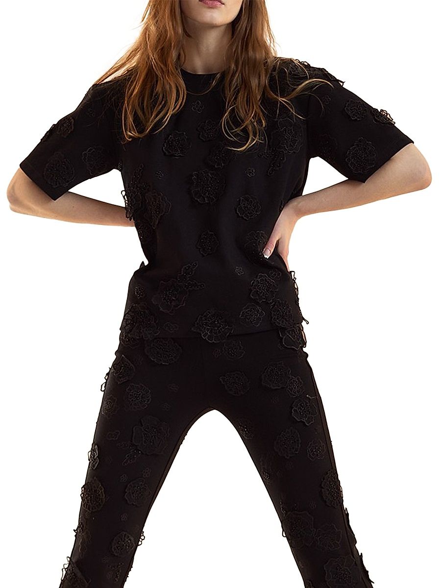 Women's 3D Appliqué Floral Top - Black - Size XS