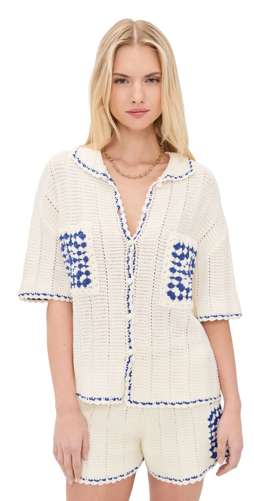 MINKPINK Avalon Crochet Shirt White/Blue L