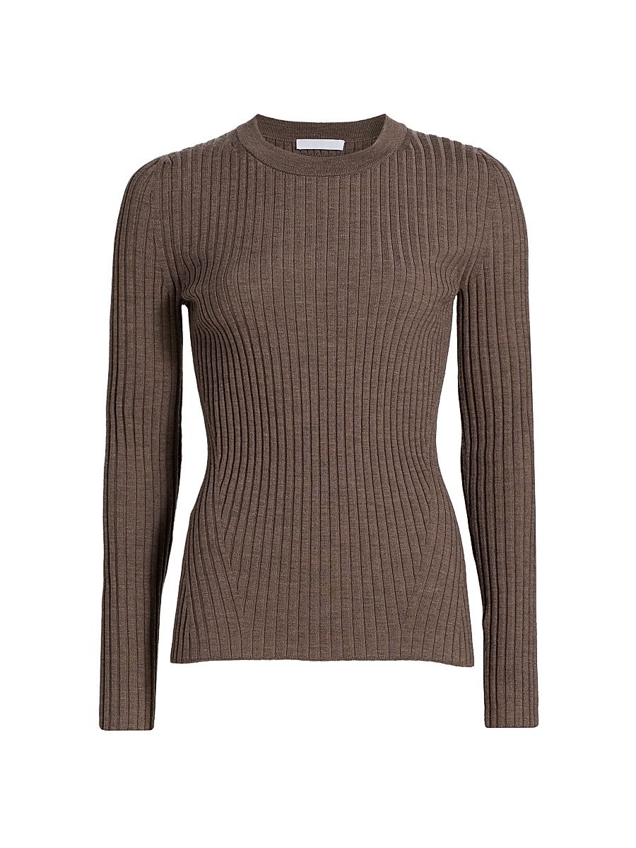 Women's Rib-Knit Wool Top - Light Brown Melange - Size Large