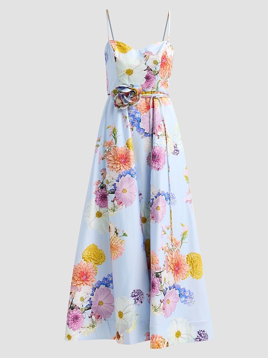 Women's Eirene Floral Tie-Waist Maxi Dress - Blue Dahlias - Size XXL