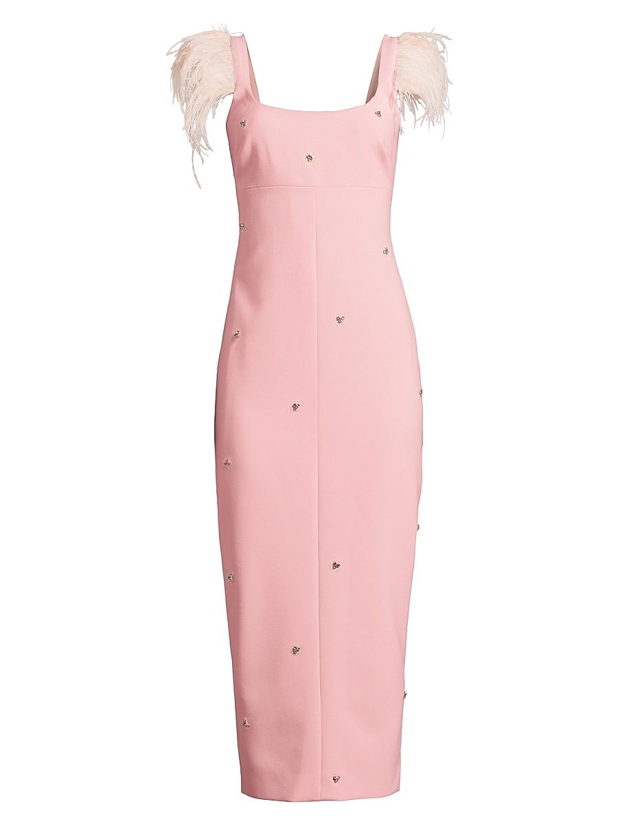 Women's Cameron Ostrich Feather-Trimmed Midi-Dress - Rose Shadow - Size 10