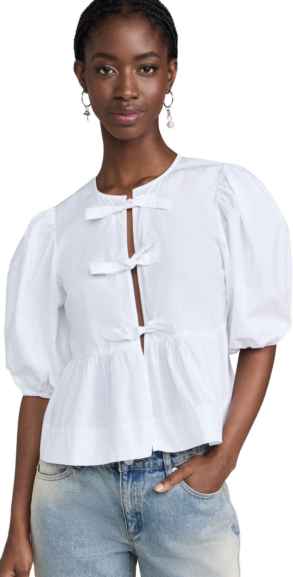 GANNI Cotton Poplin Peplum Blouse Bright White 44