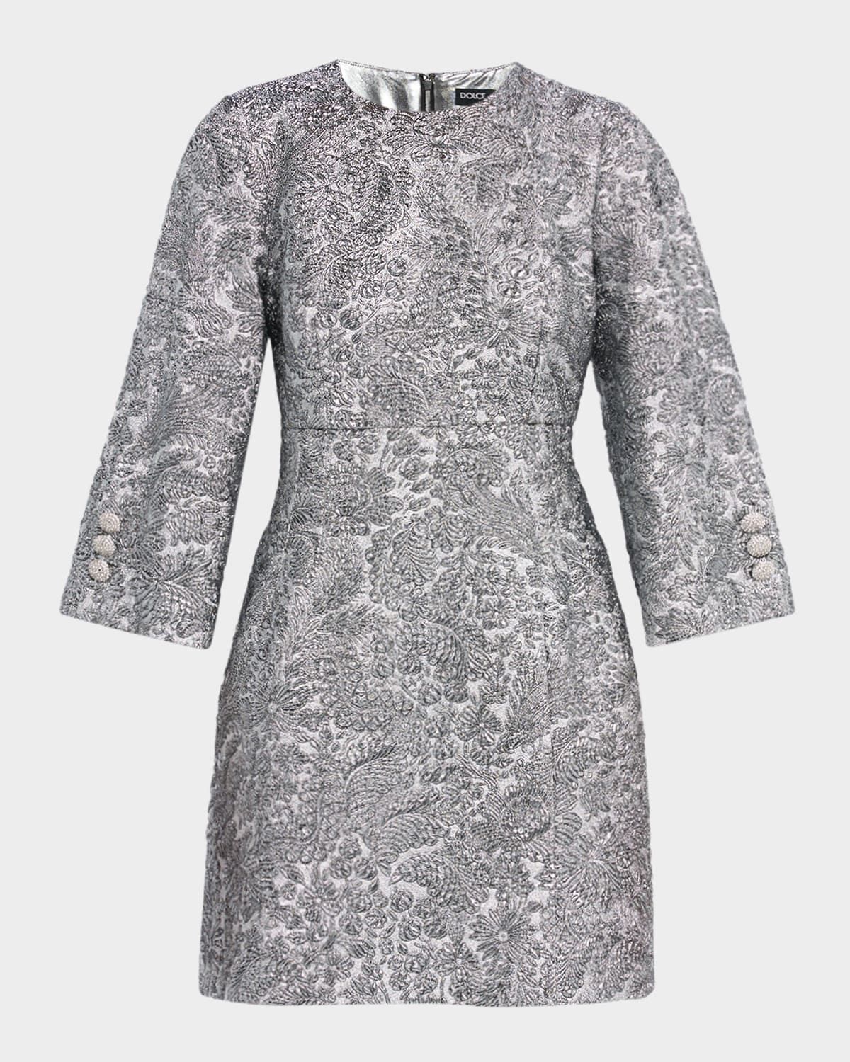 Metallic Puff Brocade 3/4-Sleeve Mini Dress