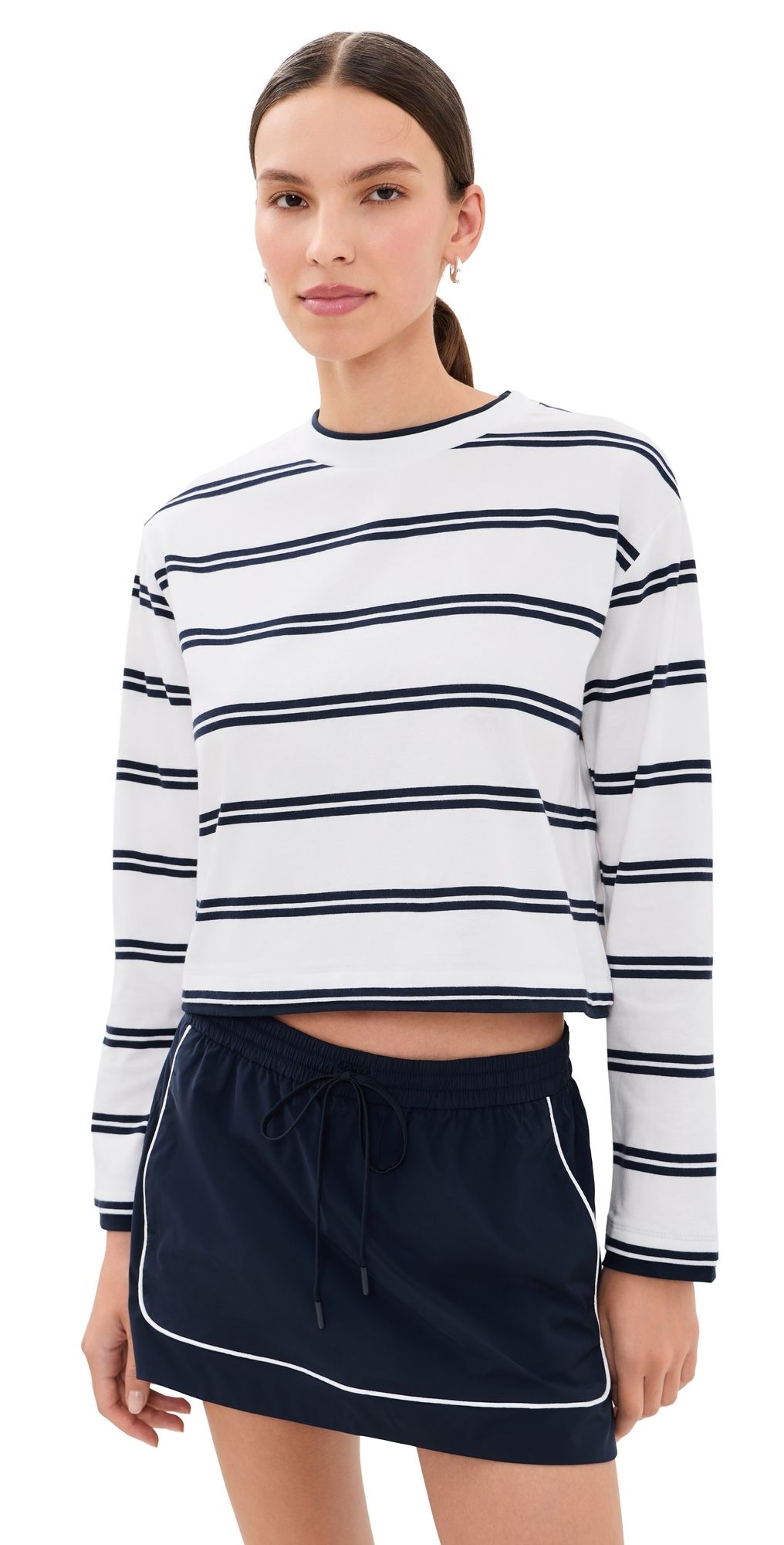 Good American The Long Sleeve Layered Tee Navy Double Stripe XS