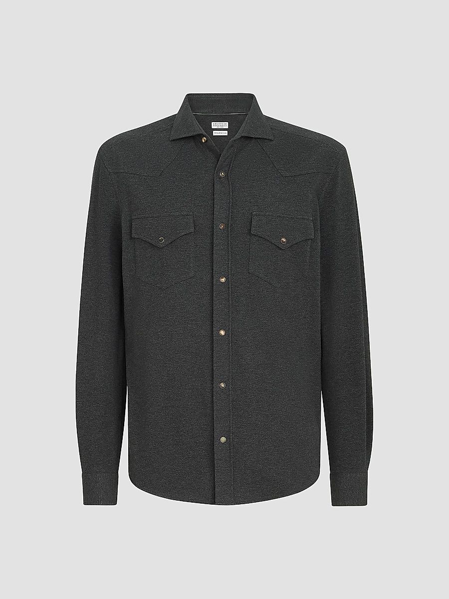 Brunello Cucinelli Men's Cotton Piqué Western Shirt - Anthracite - Size Large
