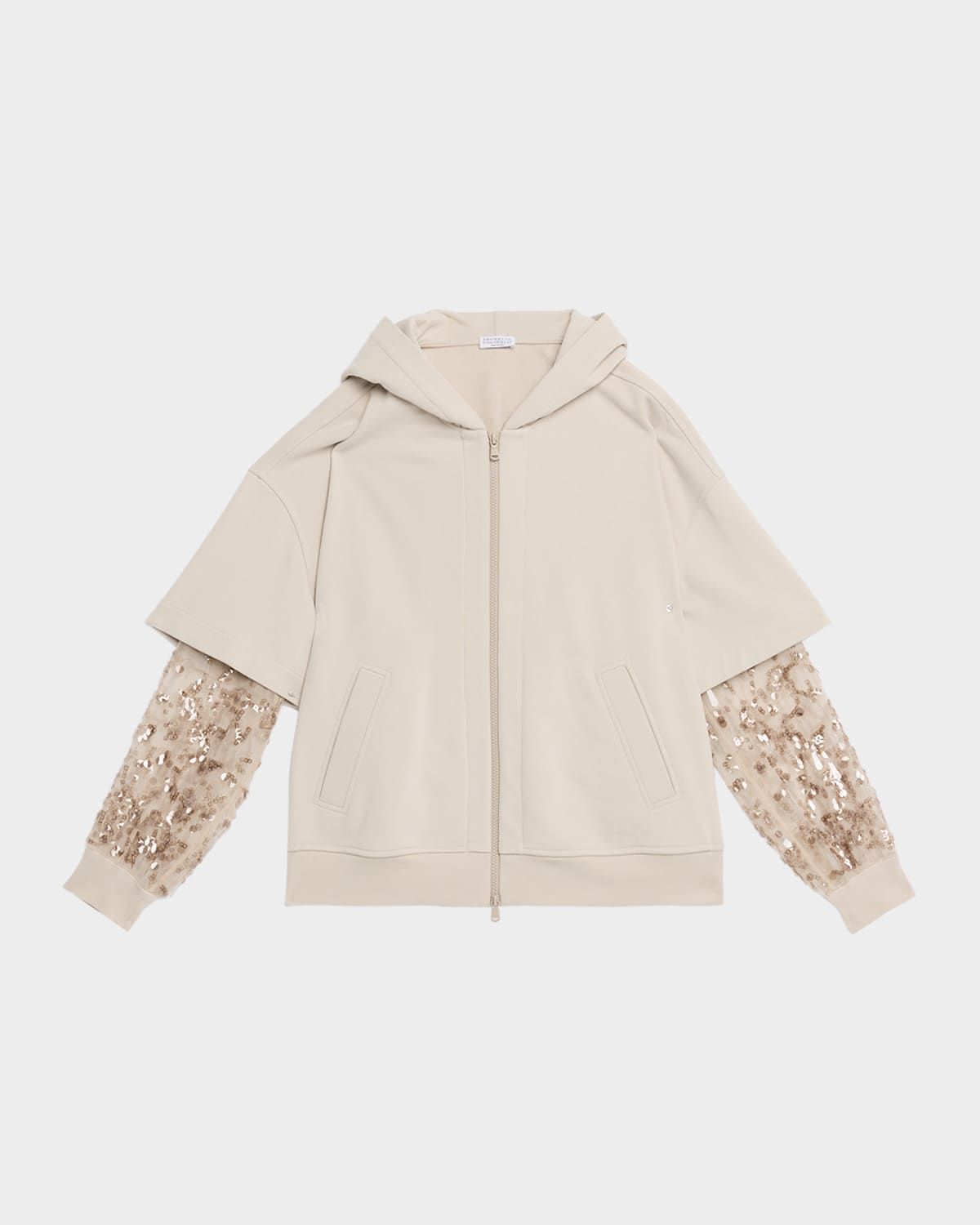 Hooded Zip Jacket with Sheer Sequined Raindrop Sleeves