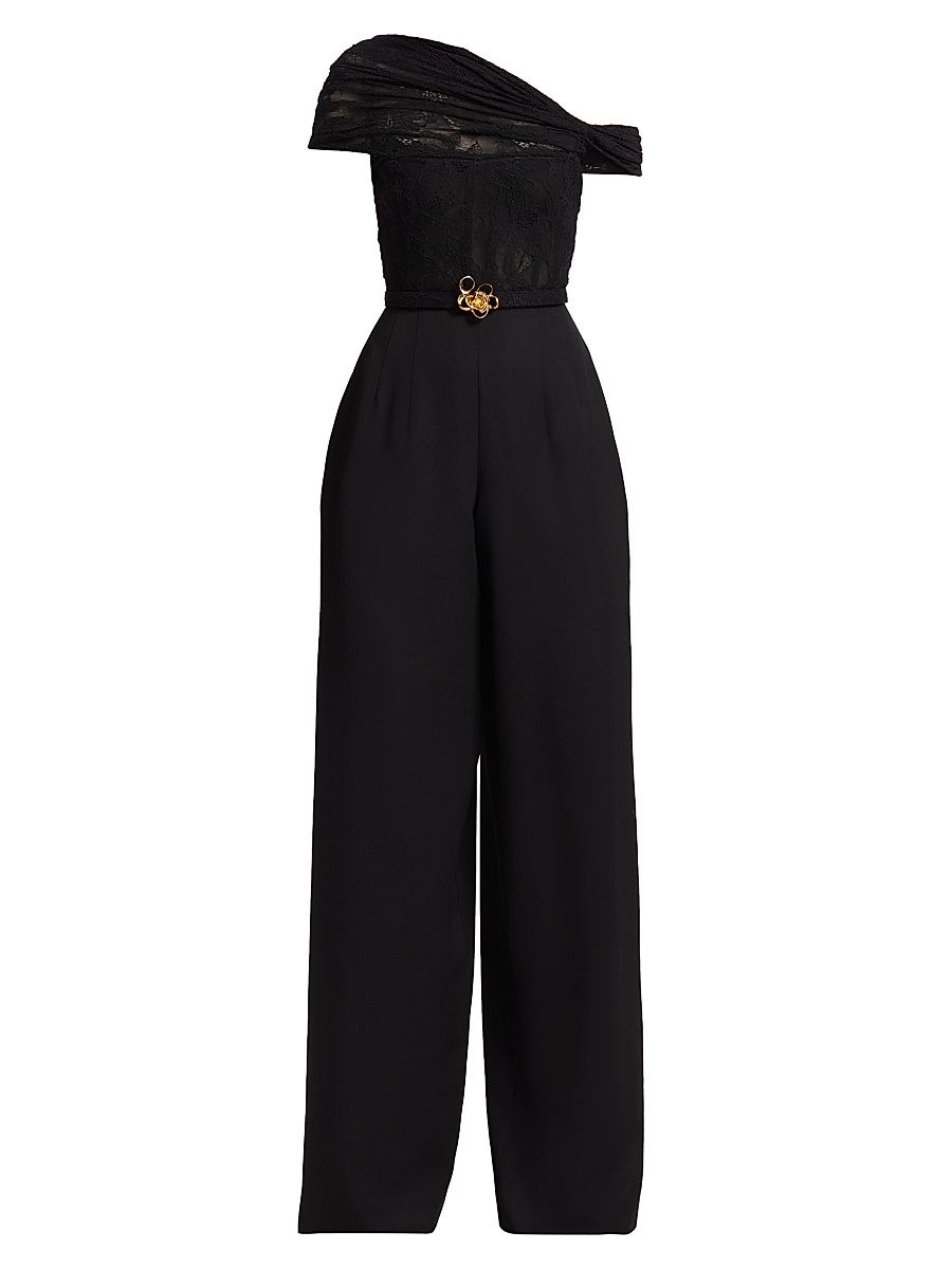 Women's Floral Lace-Virgin Wool One-Shoulder Wide-Leg Jumpsuit - Black - Size 6