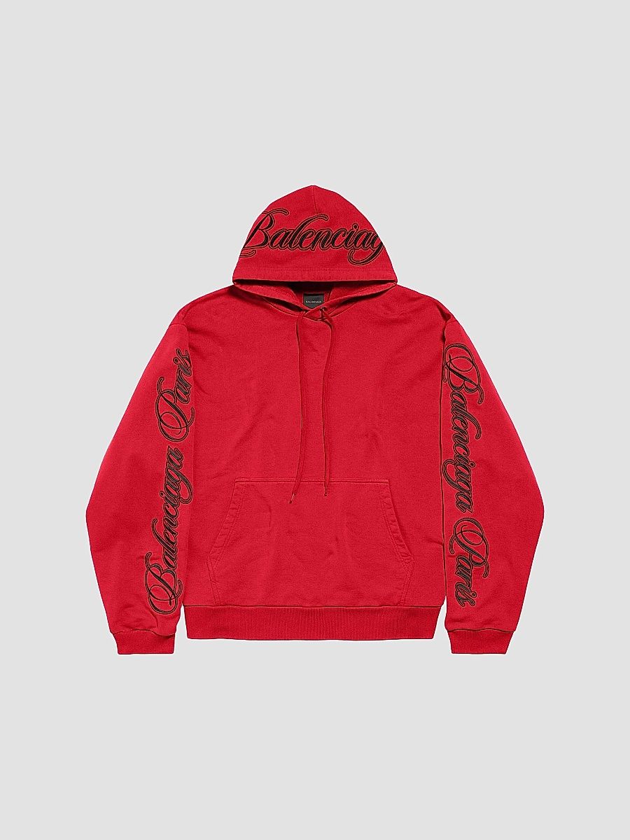 Balenciaga Men's Cursive Oversized Hoodie - Red Black - Size Large