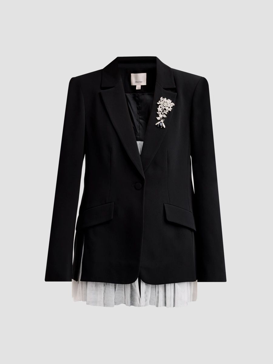 Women's Rosabelle Brooch-Detail Ruffle-Hem Blazer - Black Ivory - Size 16