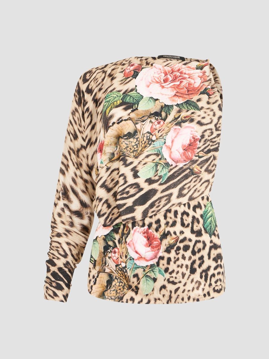Roberto Cavalli Women's Floral Cheetah One-Sleeve Blouse - Natural - Size 4