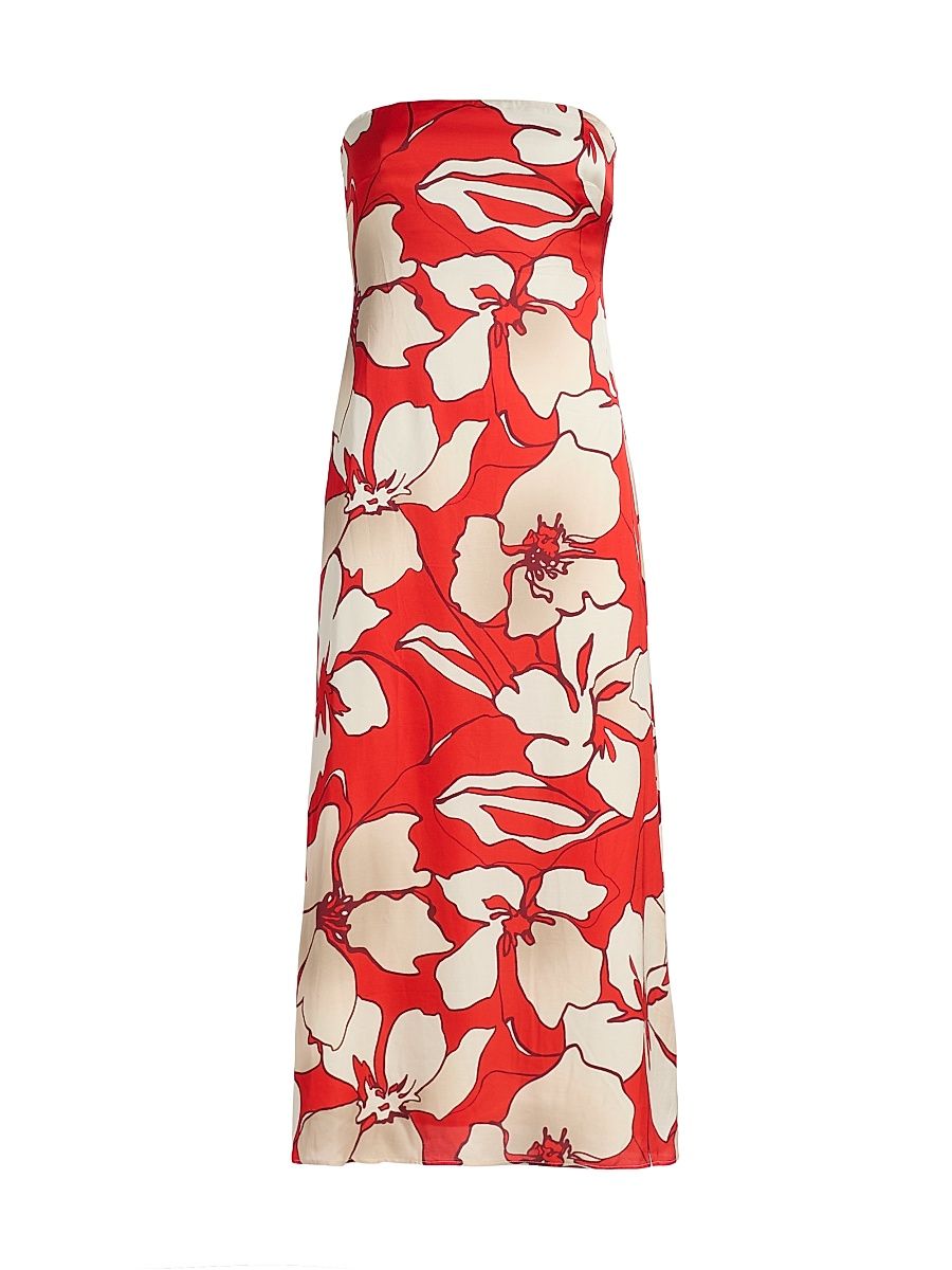 Women's Kamilla Floral Satin Strapless Midi-Dress - Crimson Floral - Size 14