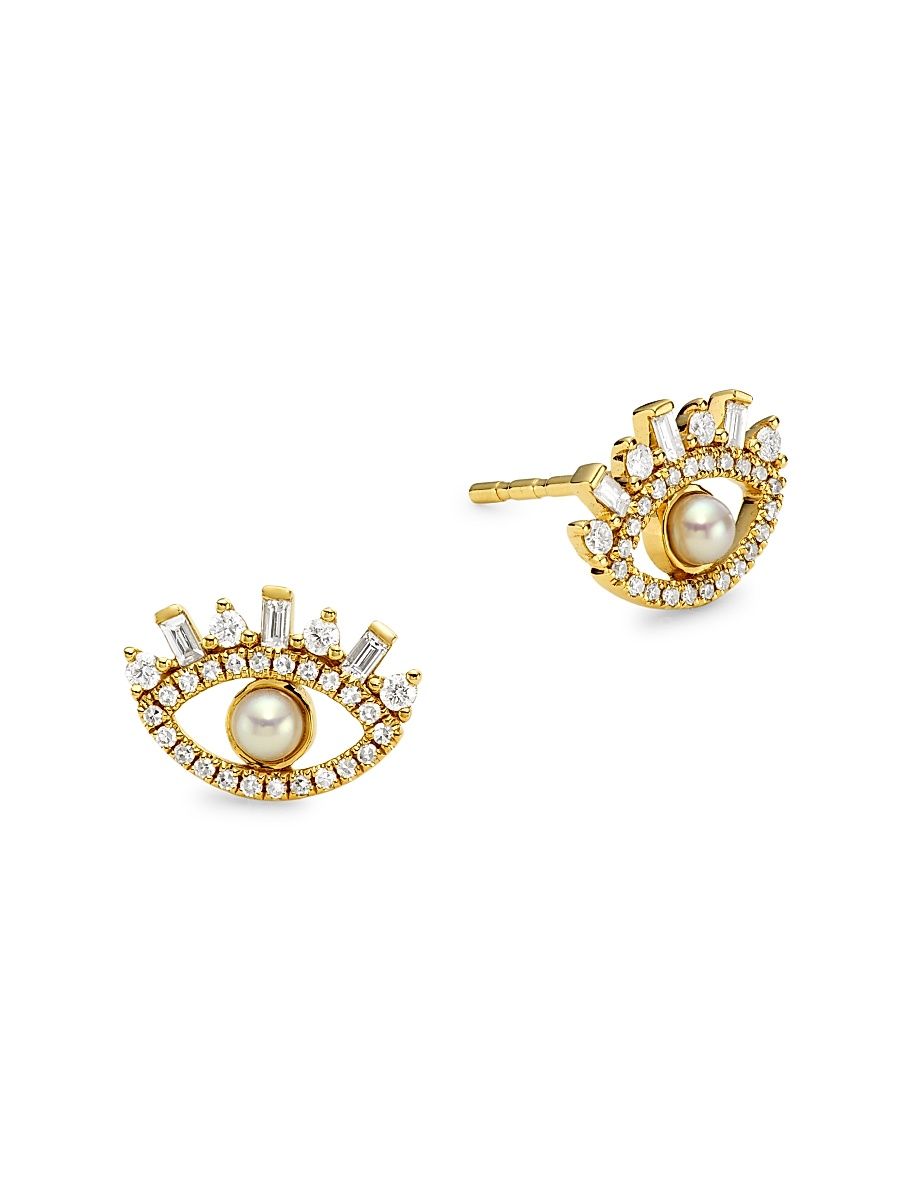 Women's 14K Yellow Gold, Cultured Freshwater Pearl & 0.31 TCW Diamond Evil Eye Stud Earrings - Gold
