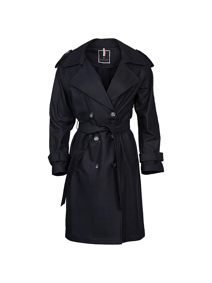Women's Belted Trench Coat Crafted with Vitale Barberis Wool - Black - Size Large