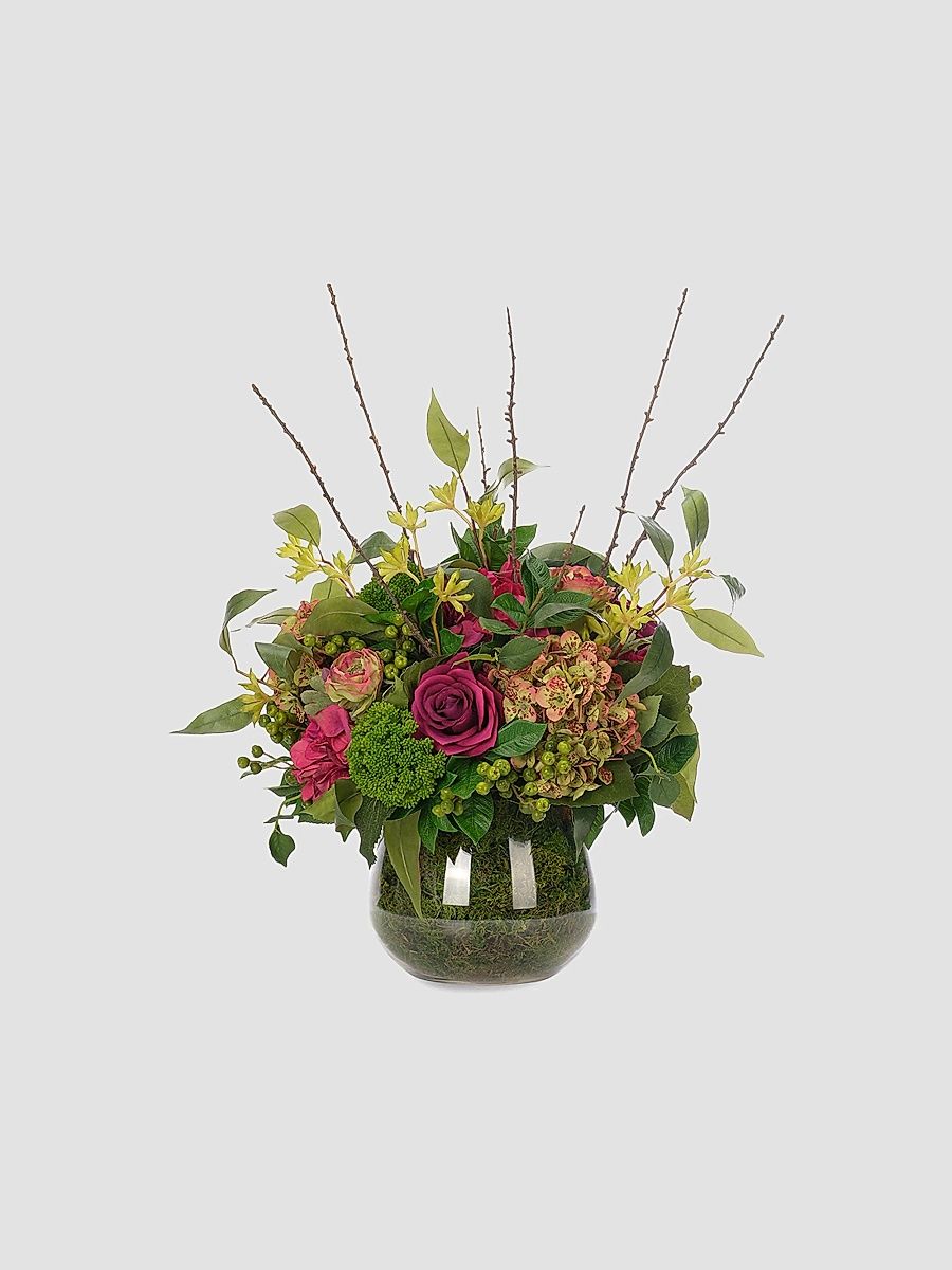 Roses & Hydrangeas Faux Floral Arrangement in Moss Glass Vase - Pink