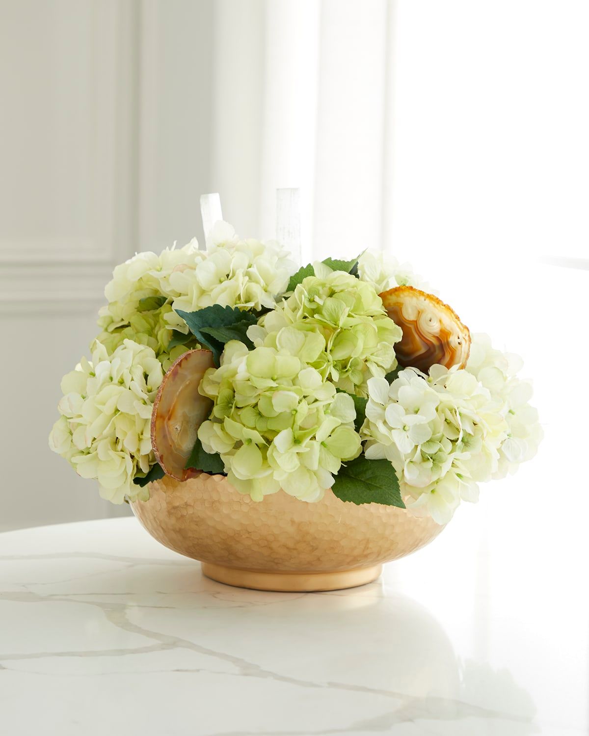 Hydrangea Faux Floral Arrangement in Hammered Metal Bowl with Selenite and Agate Slabs - 17"