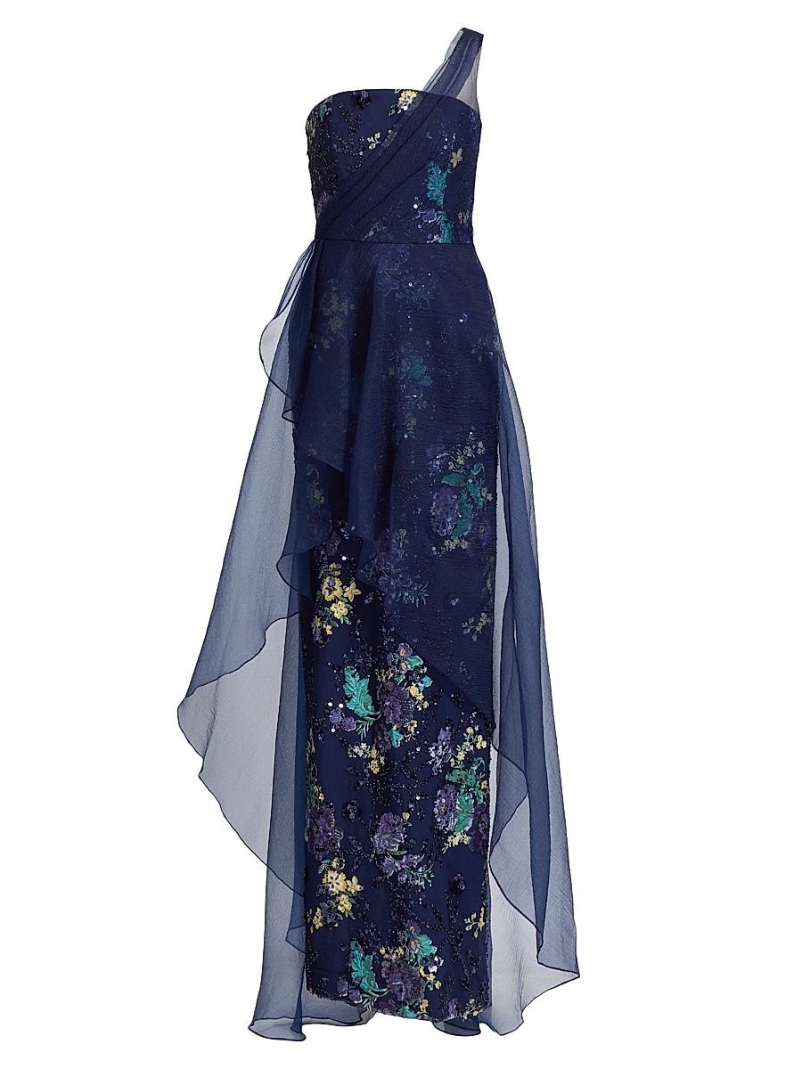Women's Noemi Floral One-Shoulder Column Gown - Navy - Size 16