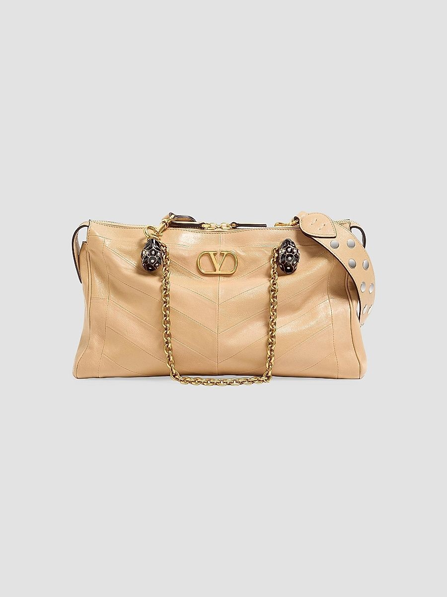 Women's Panthea Shoulder Bag in Nappa Leather with Chevron Pattern - Gold Beige