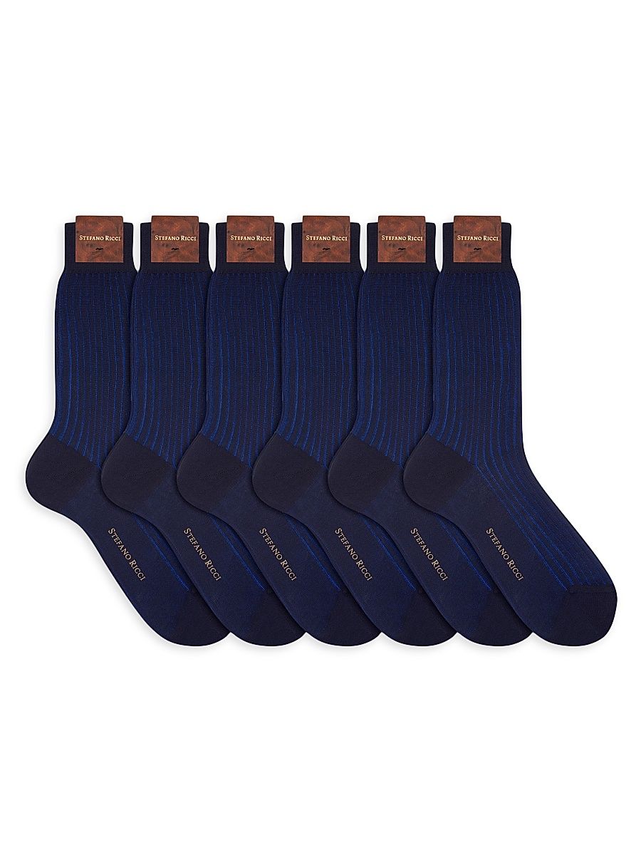 Men's 6-Pack Cotton Socks - Blue Stripes - Size Large