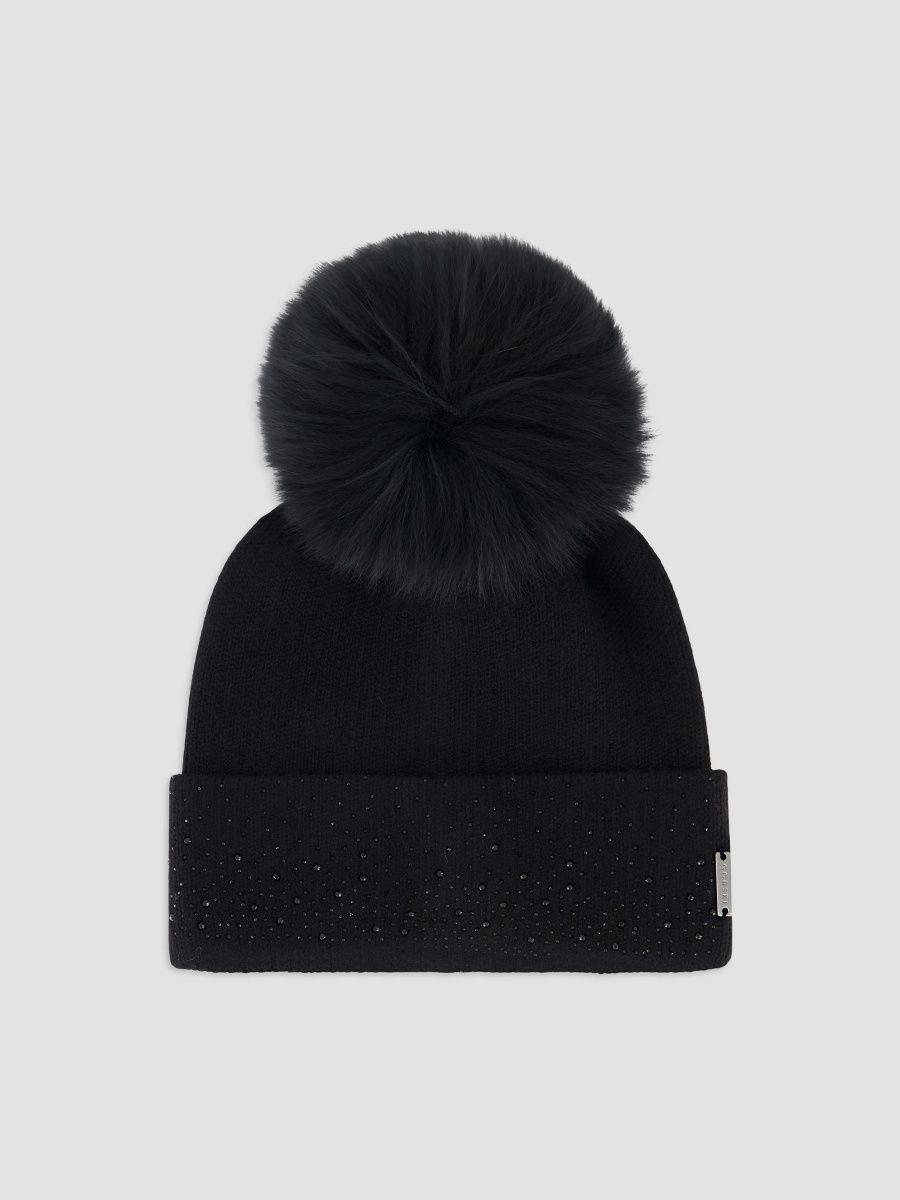 Gorski Women's Embellished Beanie with Merinillo Shearling Lamb Pompom - Black