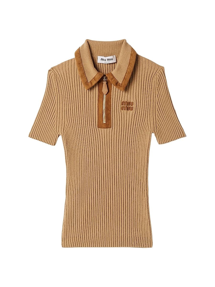 Women's Ribbed Knit Cashmere Polo Sweater - Beige Khaki - Size 2