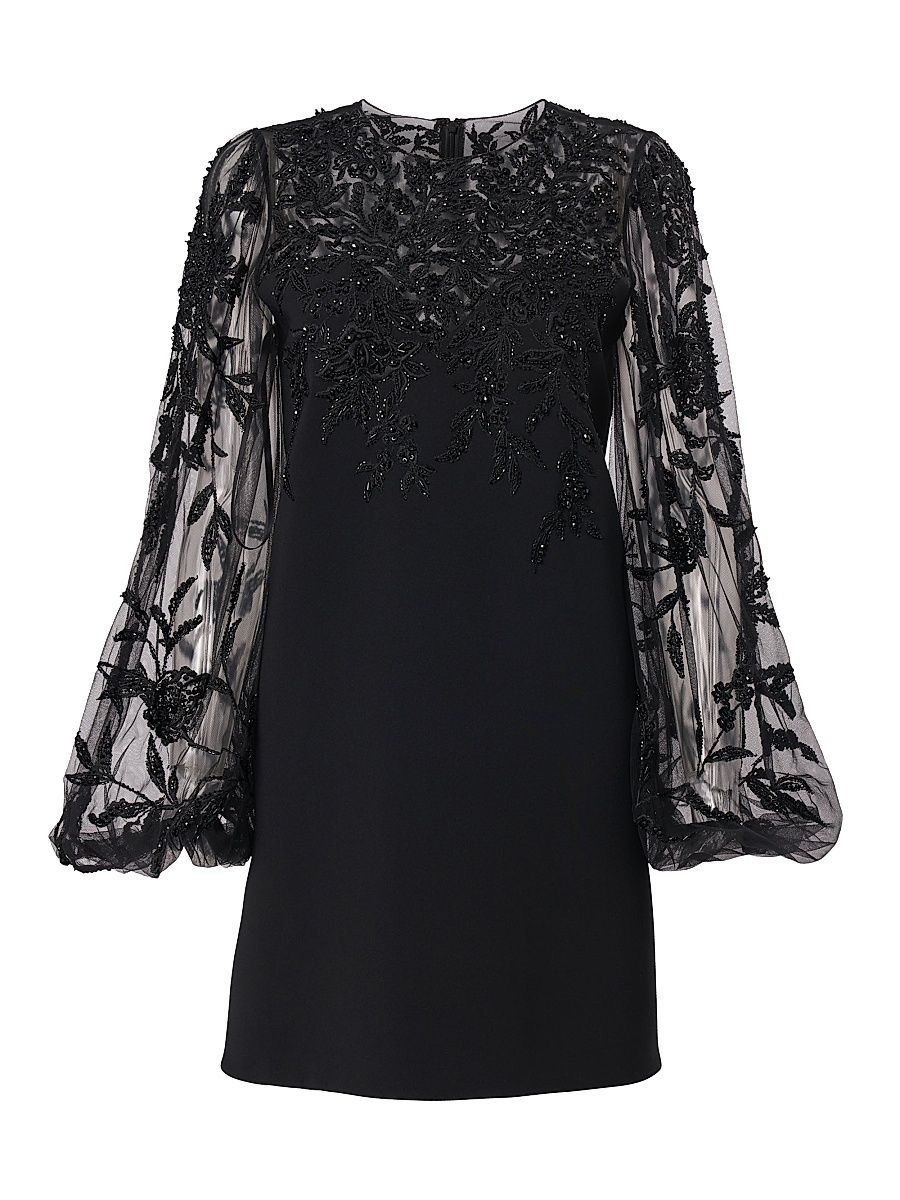 Women's Embellished Lace Puff-Sleeve Cocktail Dress - Black Multi - Size 14