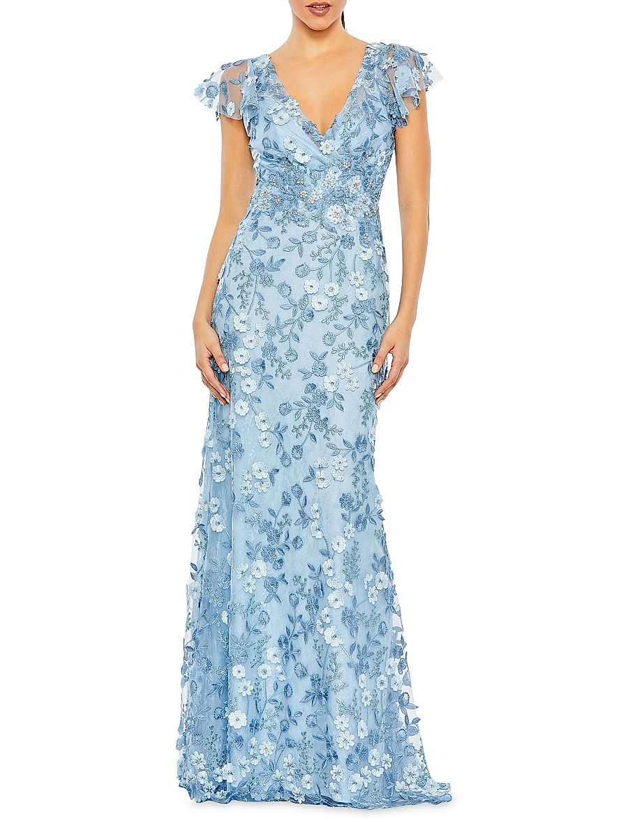 Women's Floral Appliqué Tulle Gown - Blue - Size 4