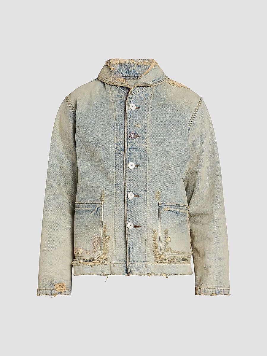 Kenzo Men's Distressed Denim Shawl Chore Jacket - Bleached Blue Denim - Size XXL