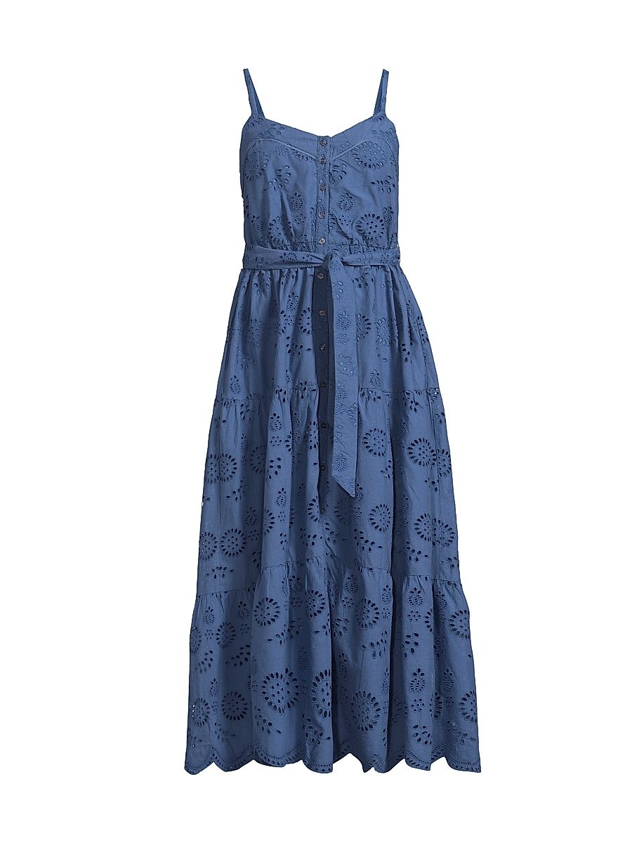 Women's Addyson Embroidered Eyelet Cotton Midi-Dress - Steel Blue - Size Medium