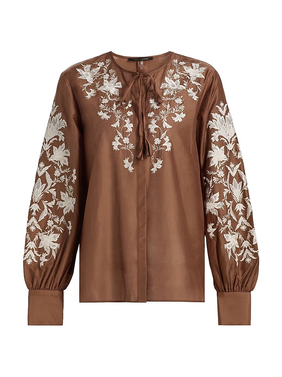 Women's Franki Floral-Embroidered Taffeta Blouse - Cacao - Size XL