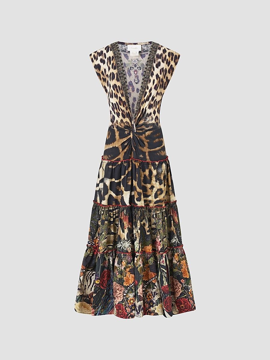 Women's Leotigra Printed Twist-Front Midi-Dress - Leotigra Land - Size Small