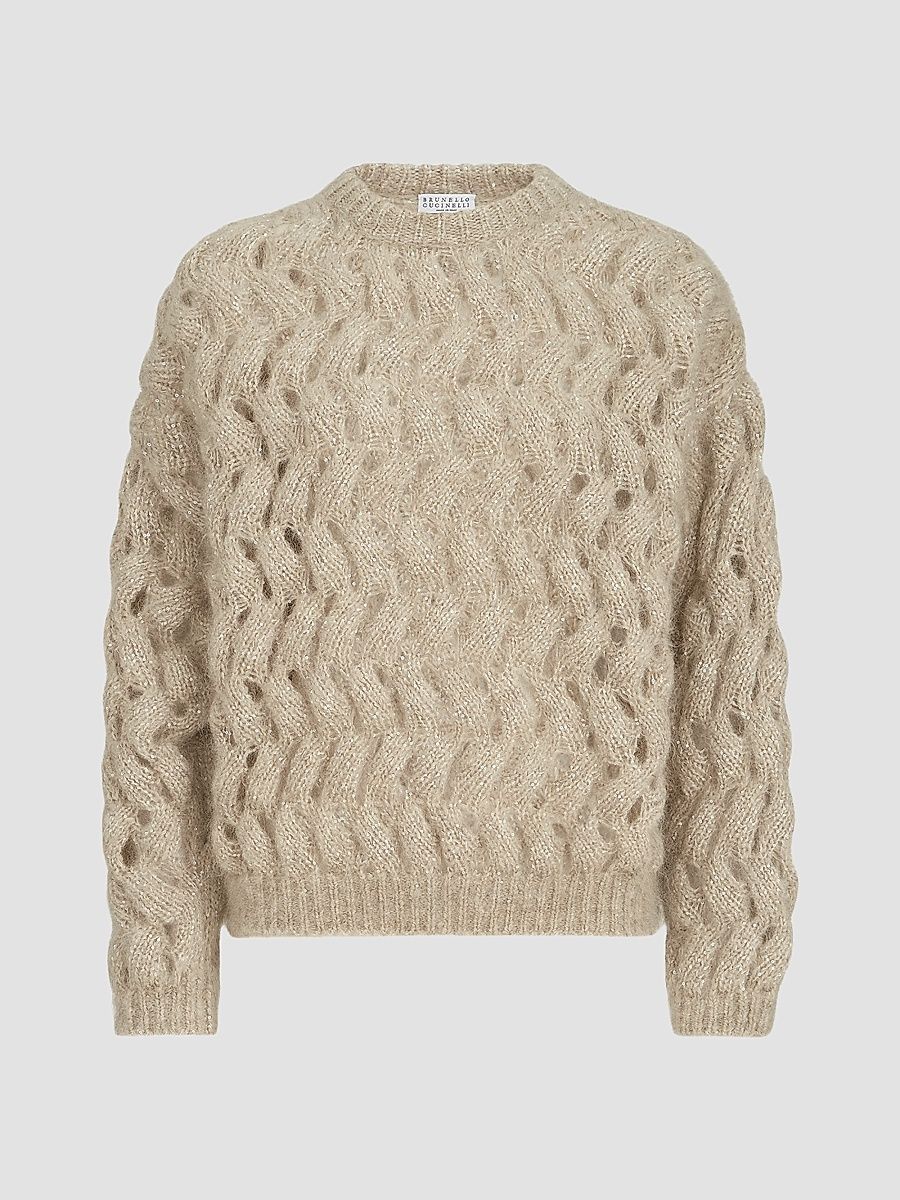 Women's Dazzling Zigzag Cables Sweater in Mohair and Wool - Sand - Size XXL