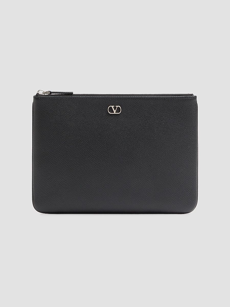 Men's VLogo Signature Grainy Calfskin Pouch - Black