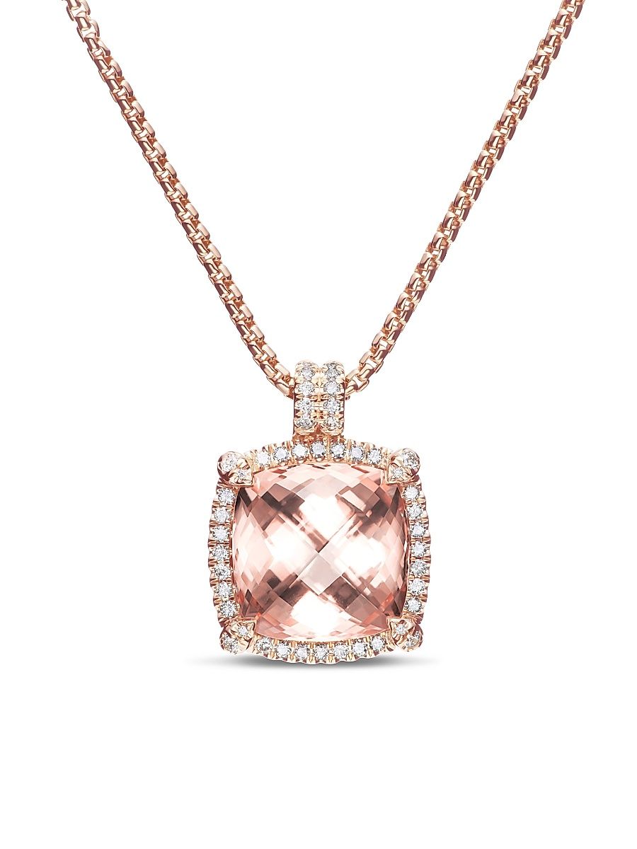 Women's Chatelaine Pavé Bezel Pendant Necklace in 18K Rose Gold - Morganite - Size 18