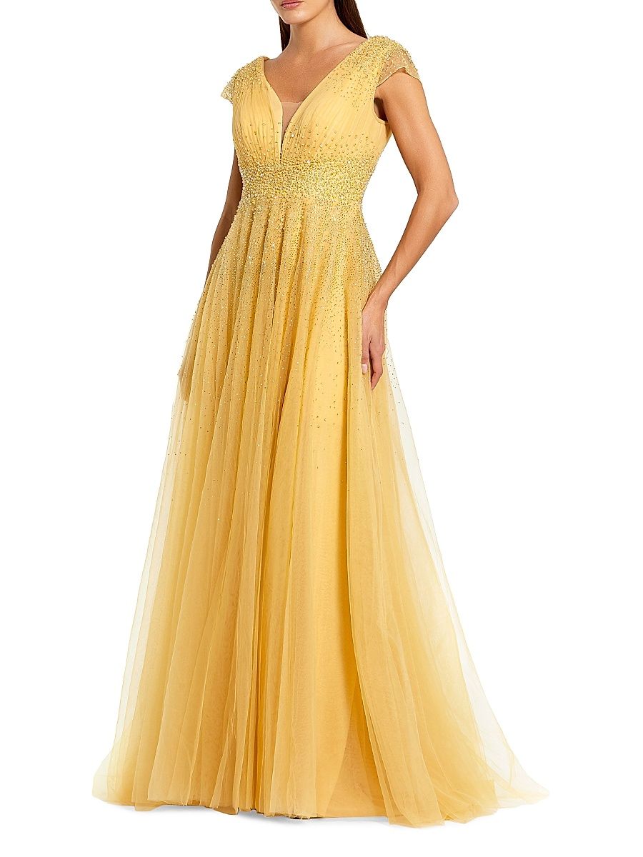 Women's Embellished Tulle Cap-Sleeve A-Line Gown - Gold - Size 16