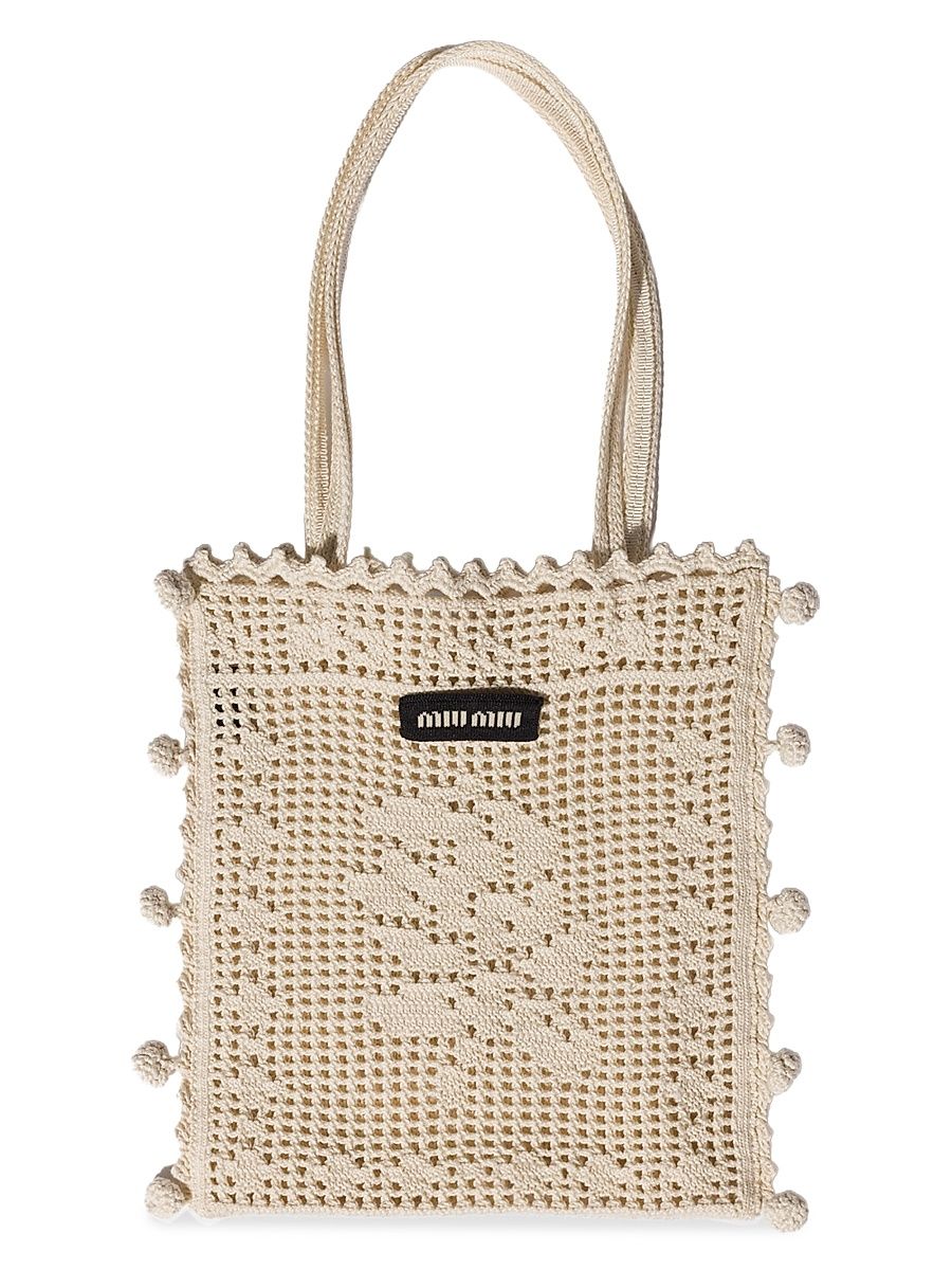 Women's Cotton Crochet Top Handle Bag - Beige Khaki