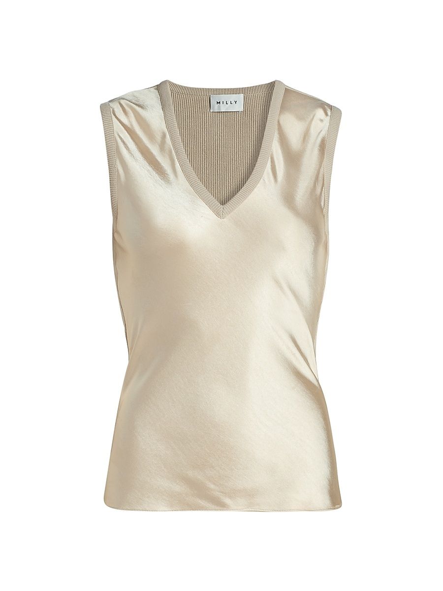 Women's Satin Knit V-Neck Shell Top - Beige - Size XL