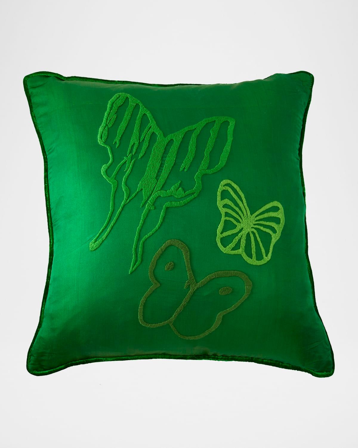 Hand-Embroidered Silk Pillow with Velvet Back, 22" Square
