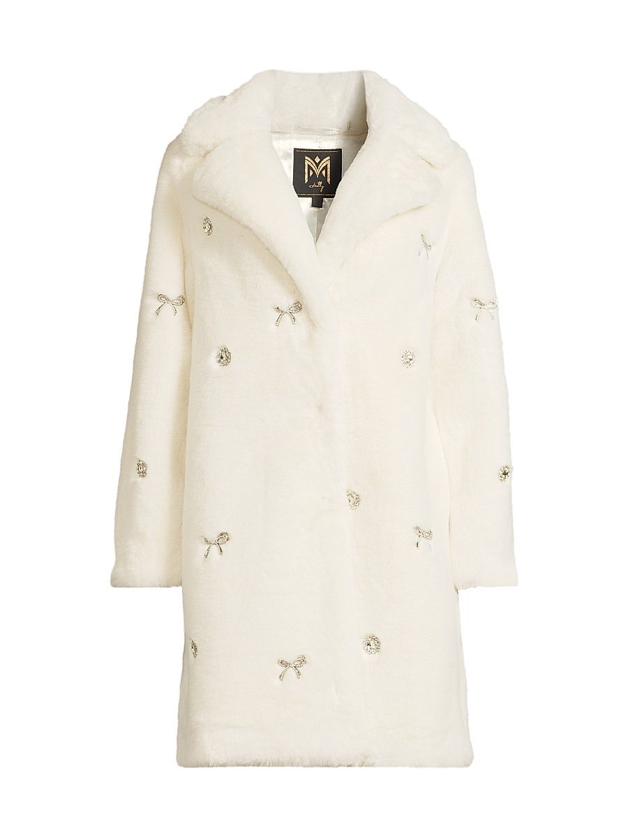 Women's Jewel-Trimmed Faux Fur Coat - Ivory - Size Large