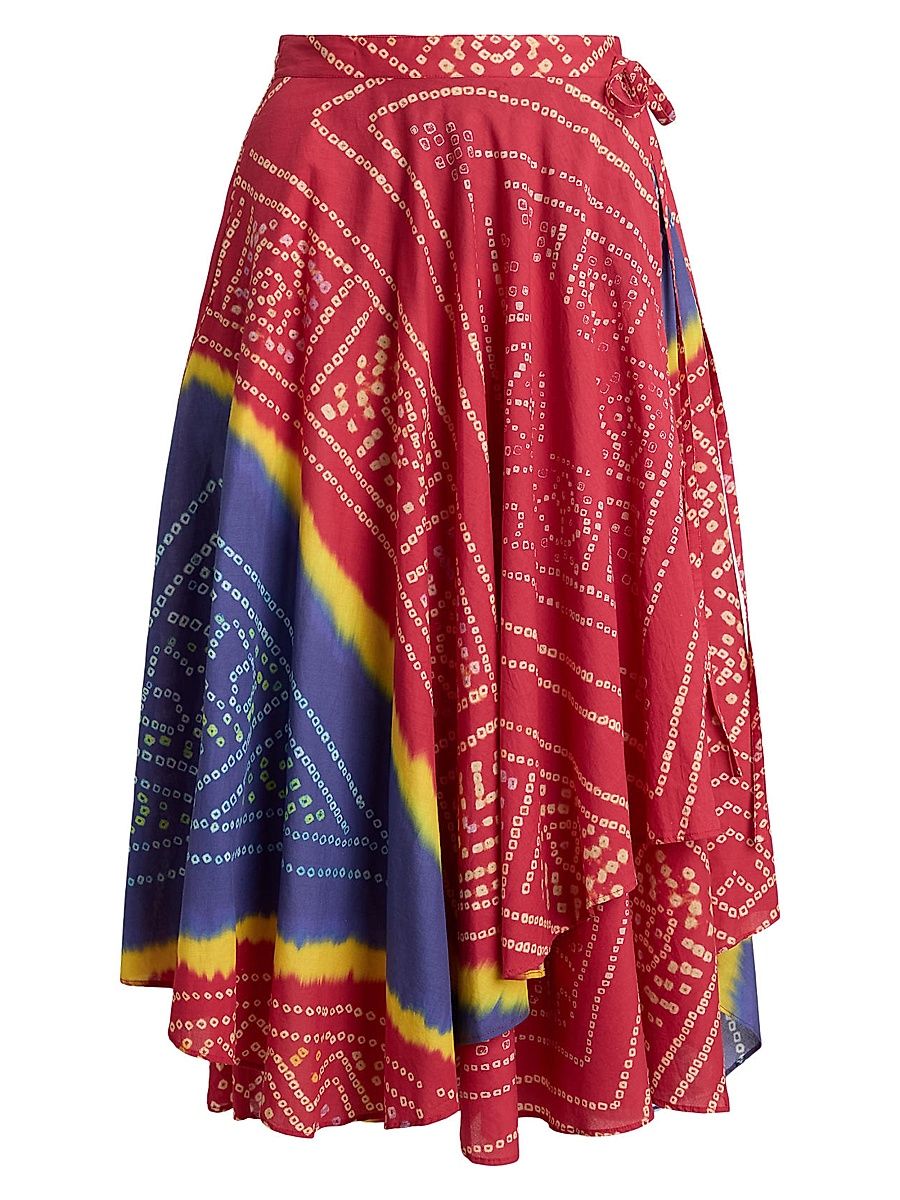 Women's Printed Cotton Wrap Midi-Skirt - Tie Dye Multi - Size 10