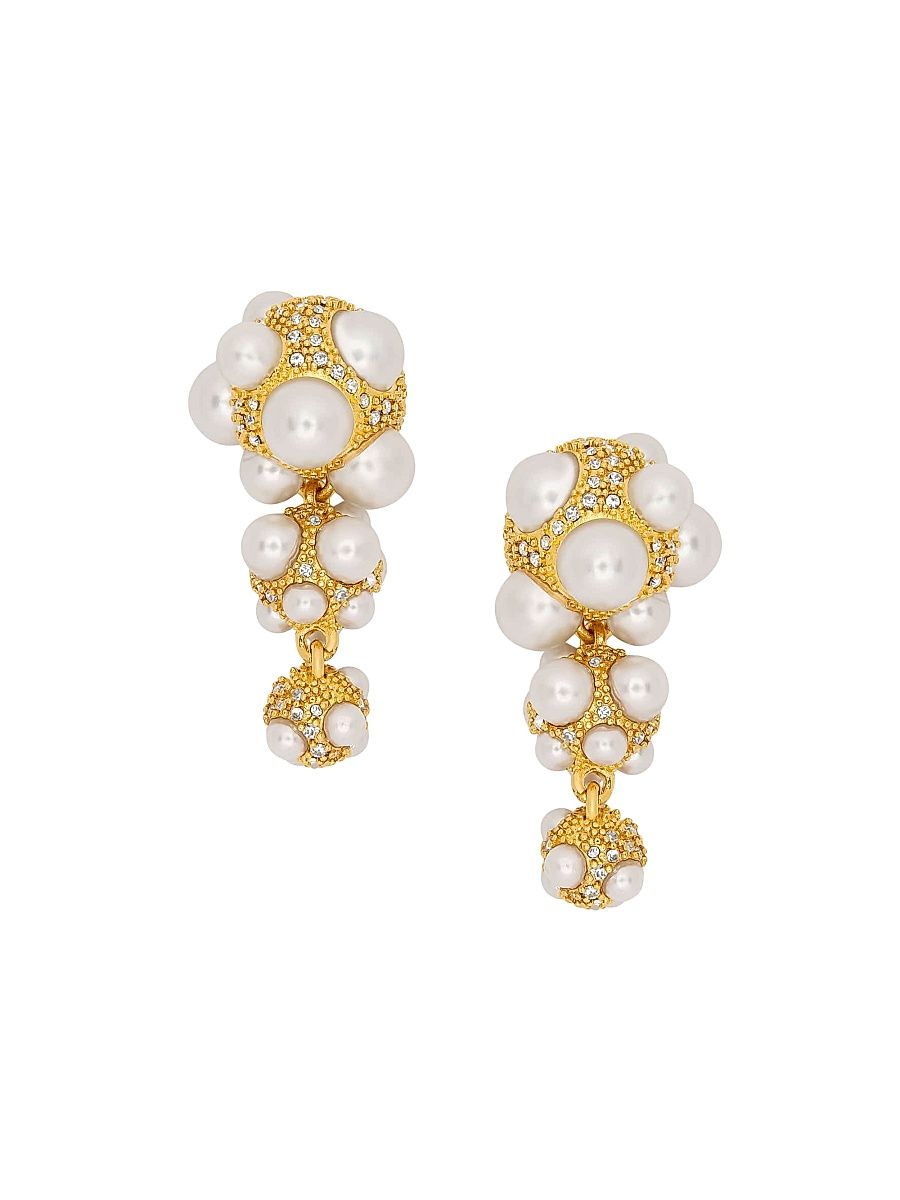 Women's 24K-Gold-Plated Brass, Glass Crystal & Imitation Pearl Pavé Cluster Drop Earrings - Pearl