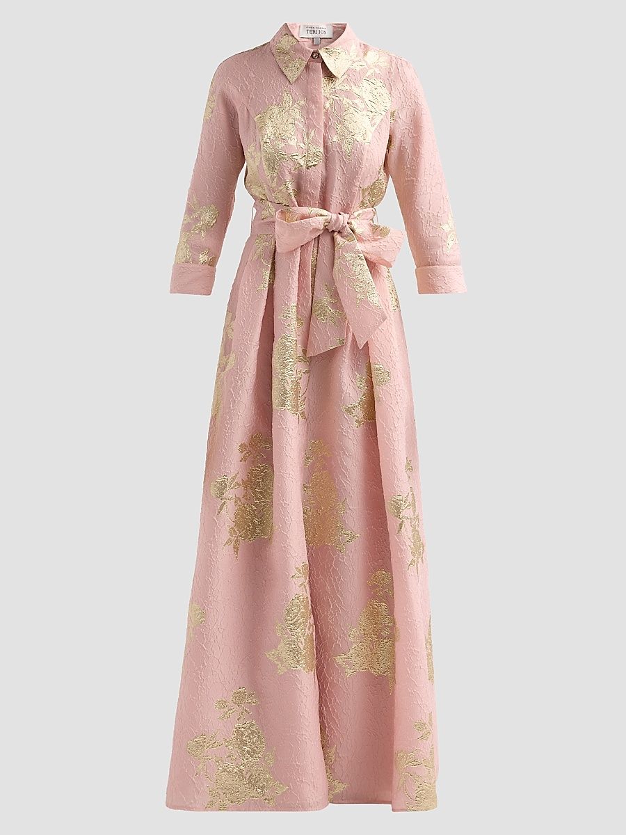 Women's Metallic Floral Jacquard Shirtwaist Gown - Pink Gold - Size 18