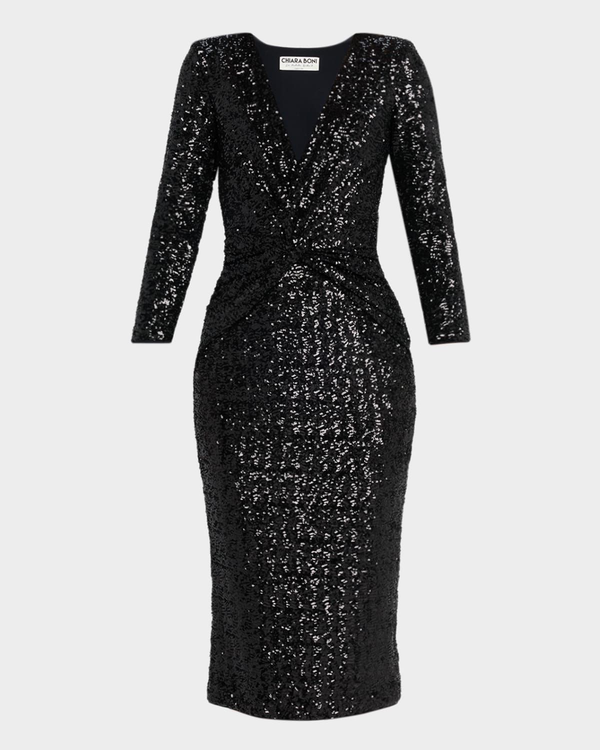 Jarra Twist-Front Sequin Midi Sheath Dress