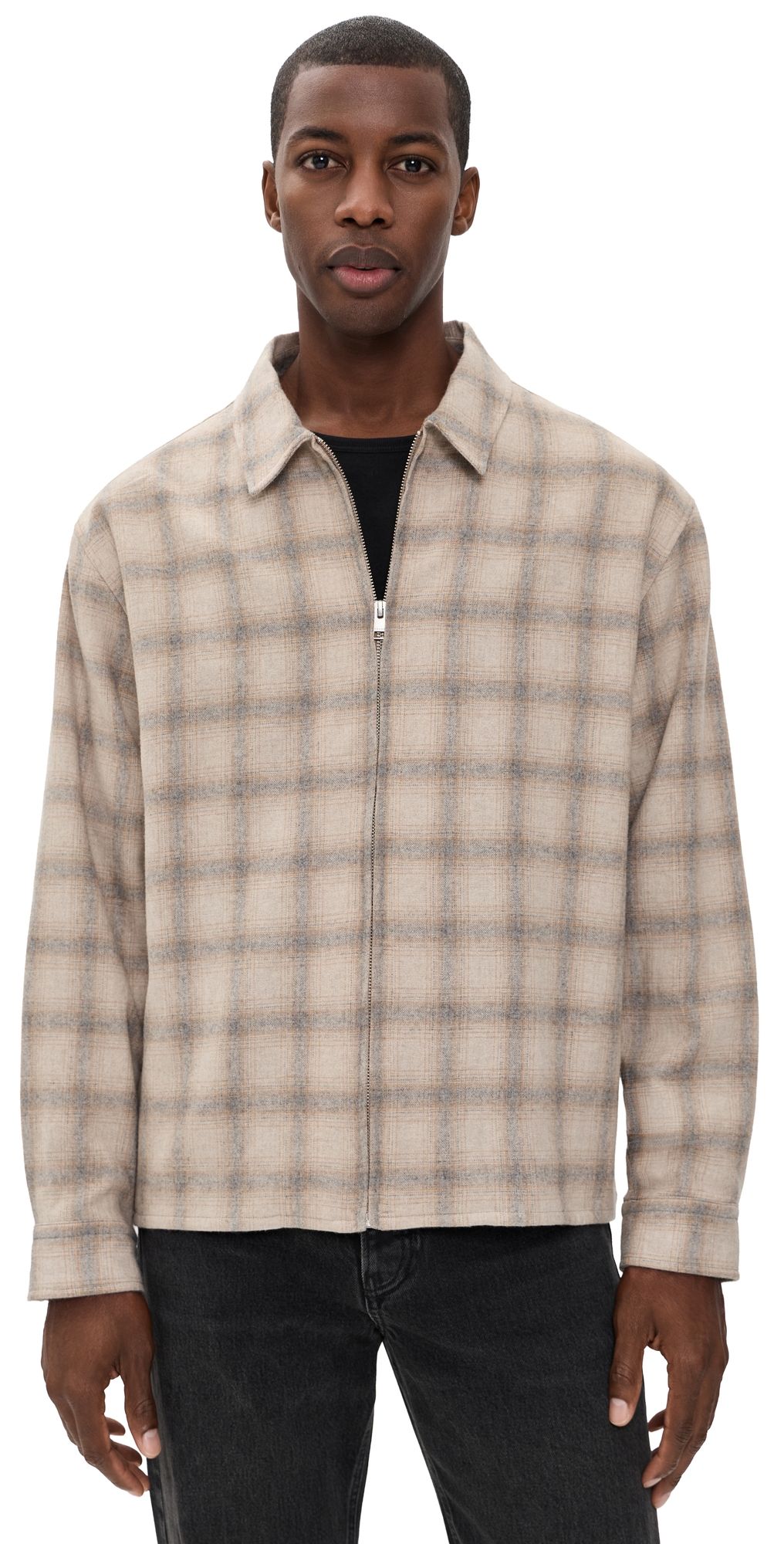 FRAME Plaid Zip Jacket Brown Plaid L