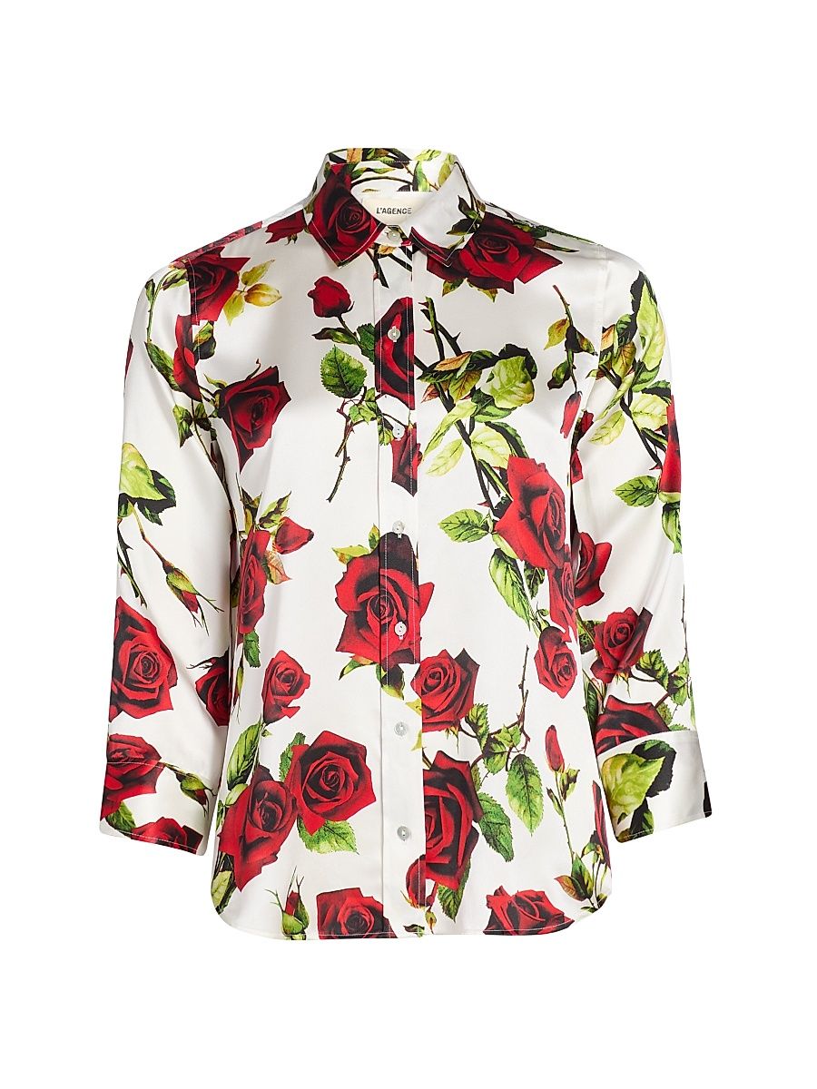 Women's Dani Rose Printed Silk Blouse - White Red Romantic Rose - Size Large