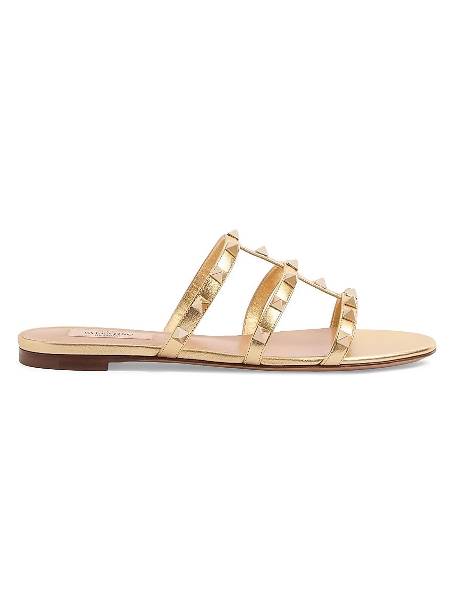 Women's Rockstud Flat Metallic Nappa Slide Sandals - Skin - Size 11.5
