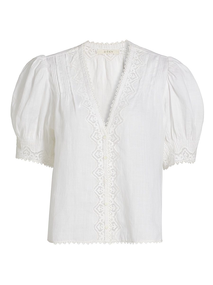 Women's Brigetta Eyelet-Trim Linen Puff Sleeve Top - Salt - Size XS