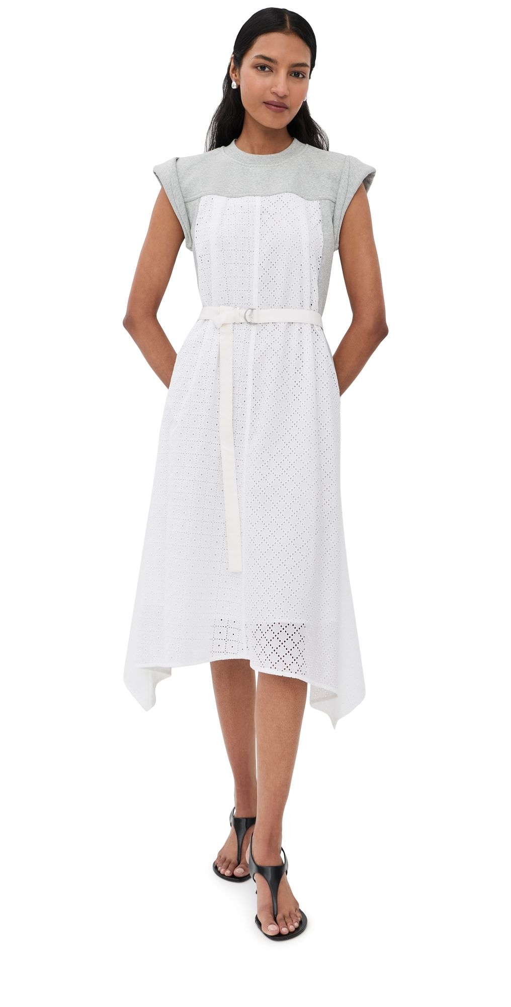 3.1 Phillip Lim Sleeveless French Terry Midi Dress with Broderie Anglaise Lt Grey Melange/White S